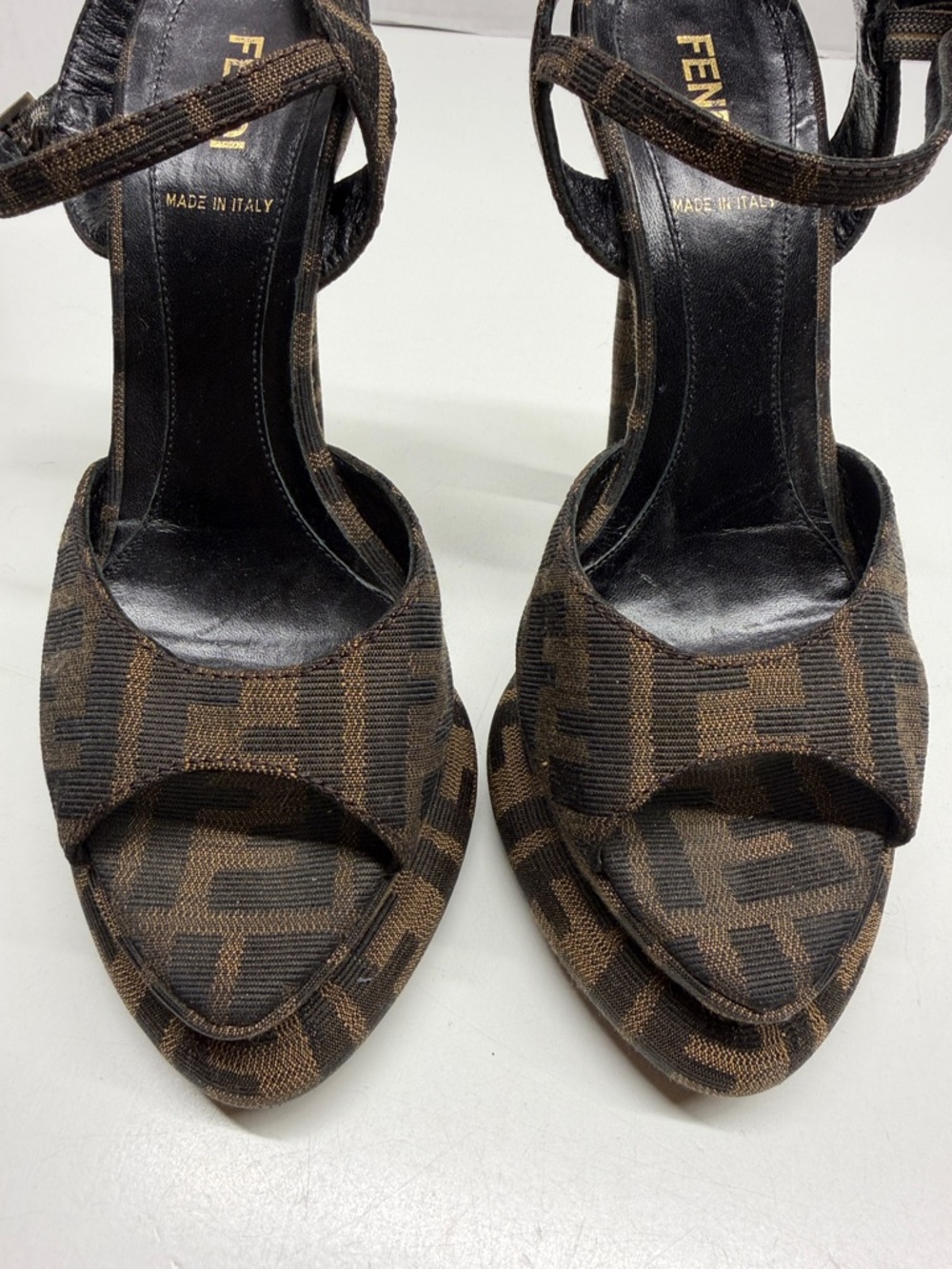 Fendi Zucca Platform High Heels Peep Toe Pointed Ankle Strap Stiletto Tobacco 36 - Picture 7 of 12